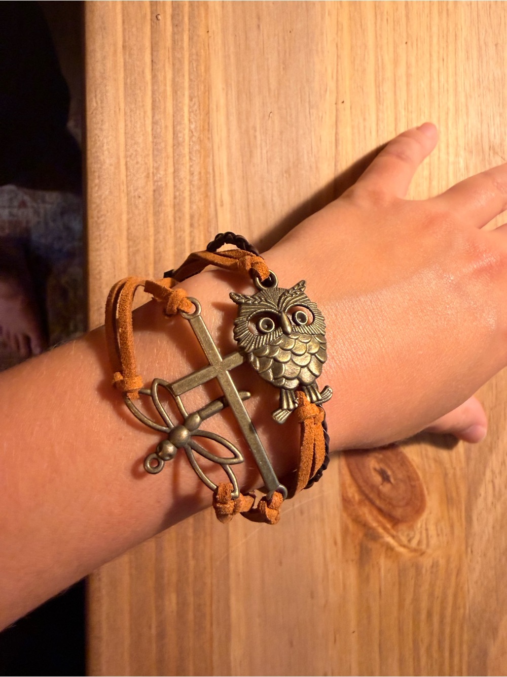 Boho Owl Charm Multistrand Bracelet in Tan Suede - Picture 2 of 2